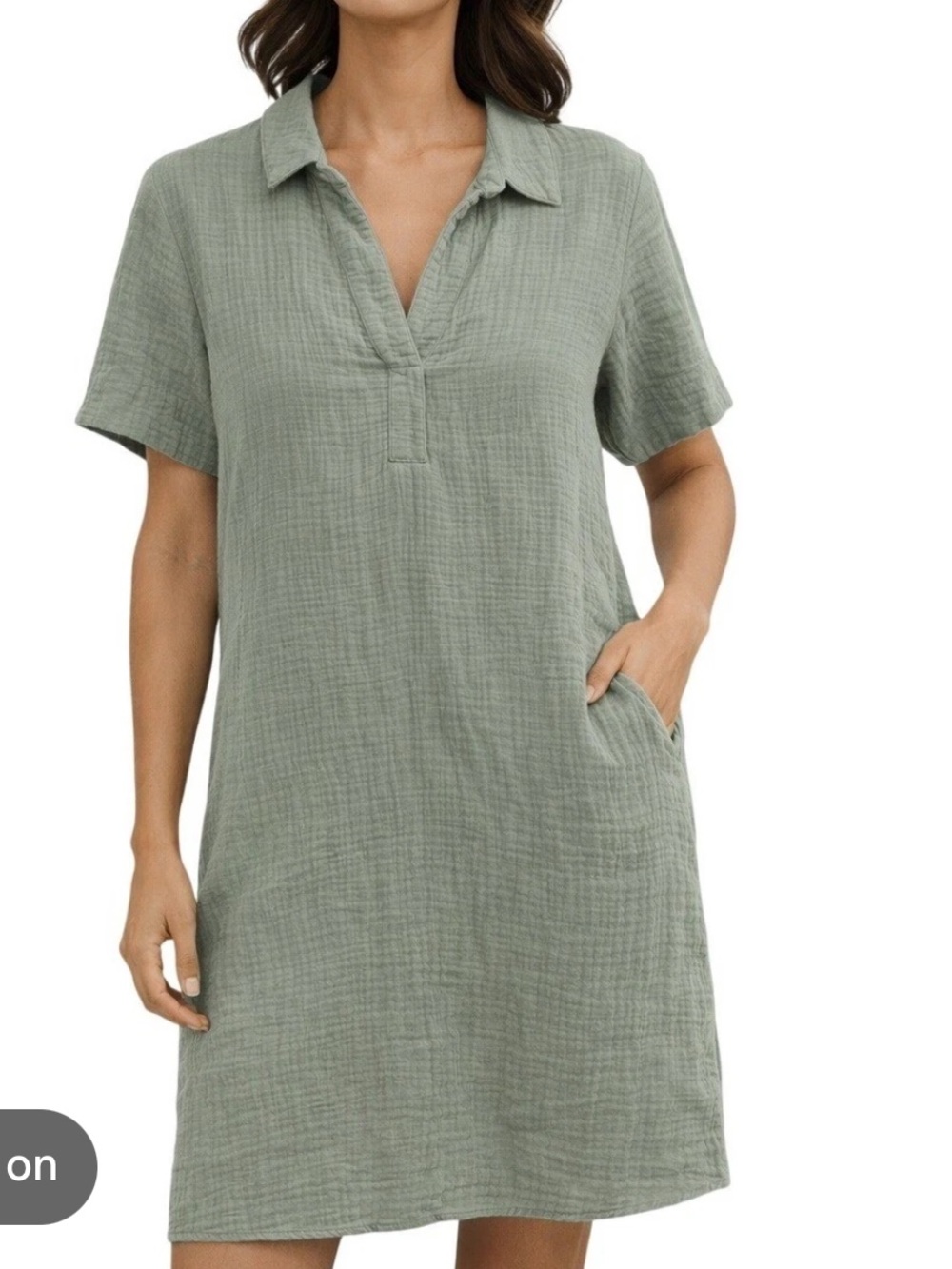 Three Dots Sage Green Short-Sleeve Collared Midi Dress